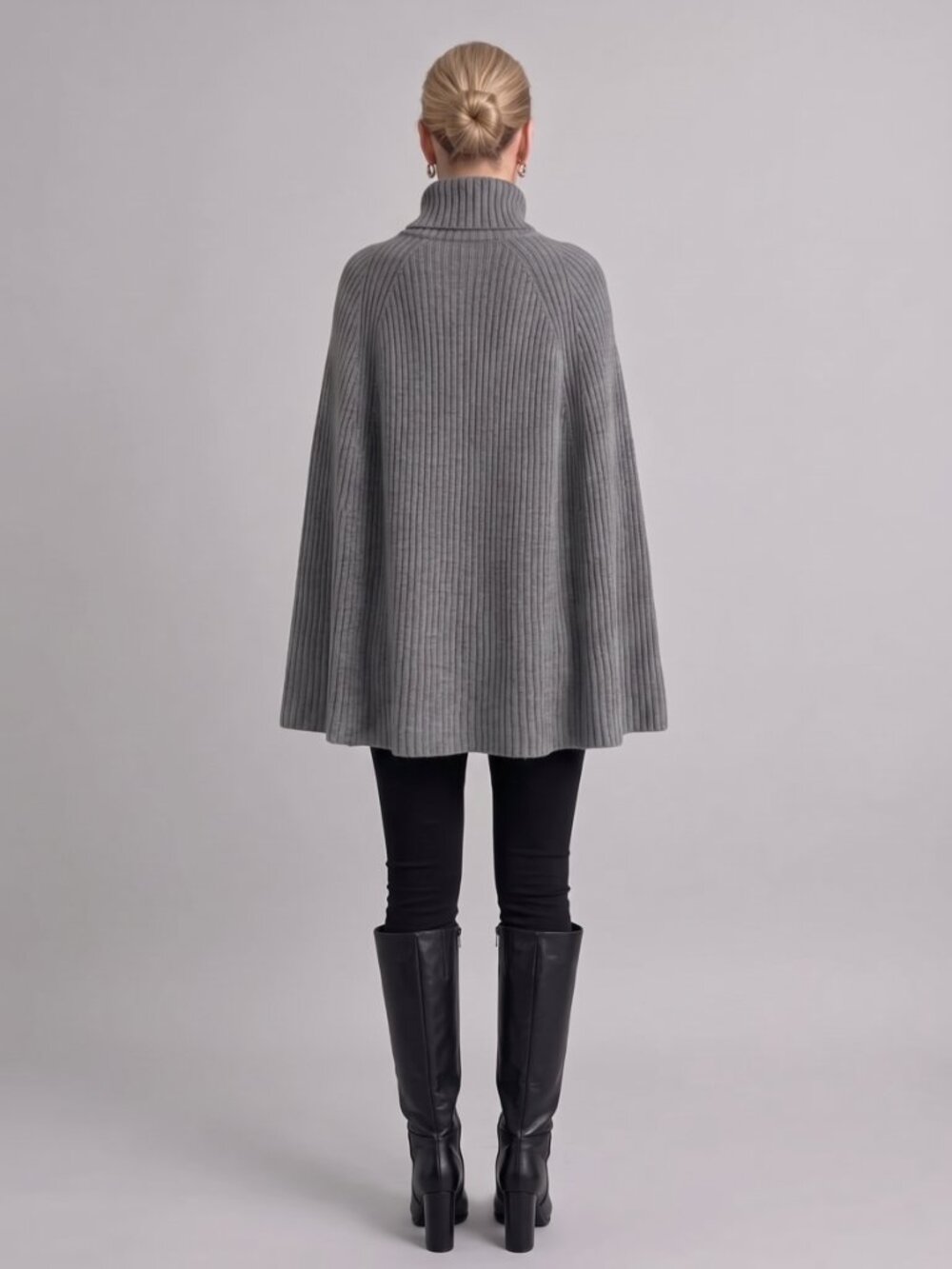 Women's Gray Wool Poncho Sweater High Neck Batwing Sleeve Raglan Knit Cape - Picture 2 of 5